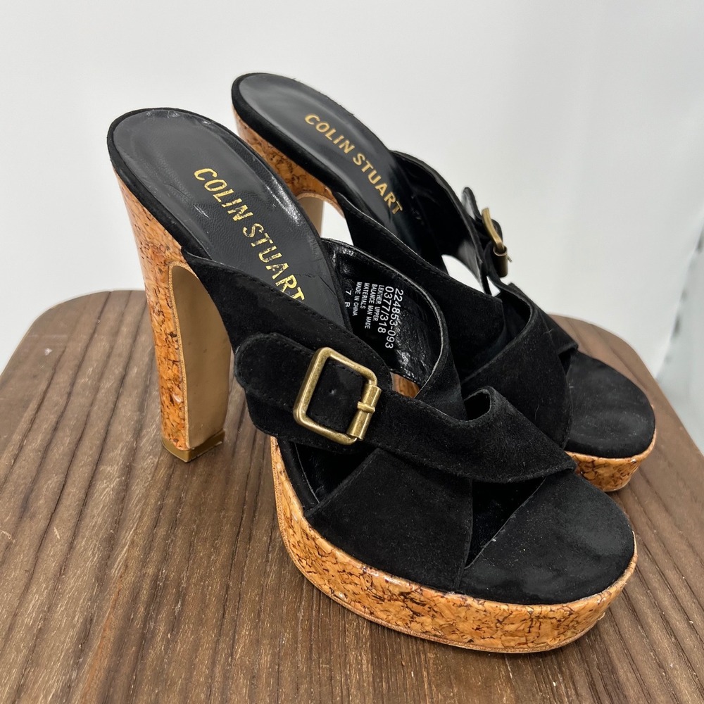 Colin Stuart Black Suede Cork Platform Mules Buckle Sandals Buckle 7B